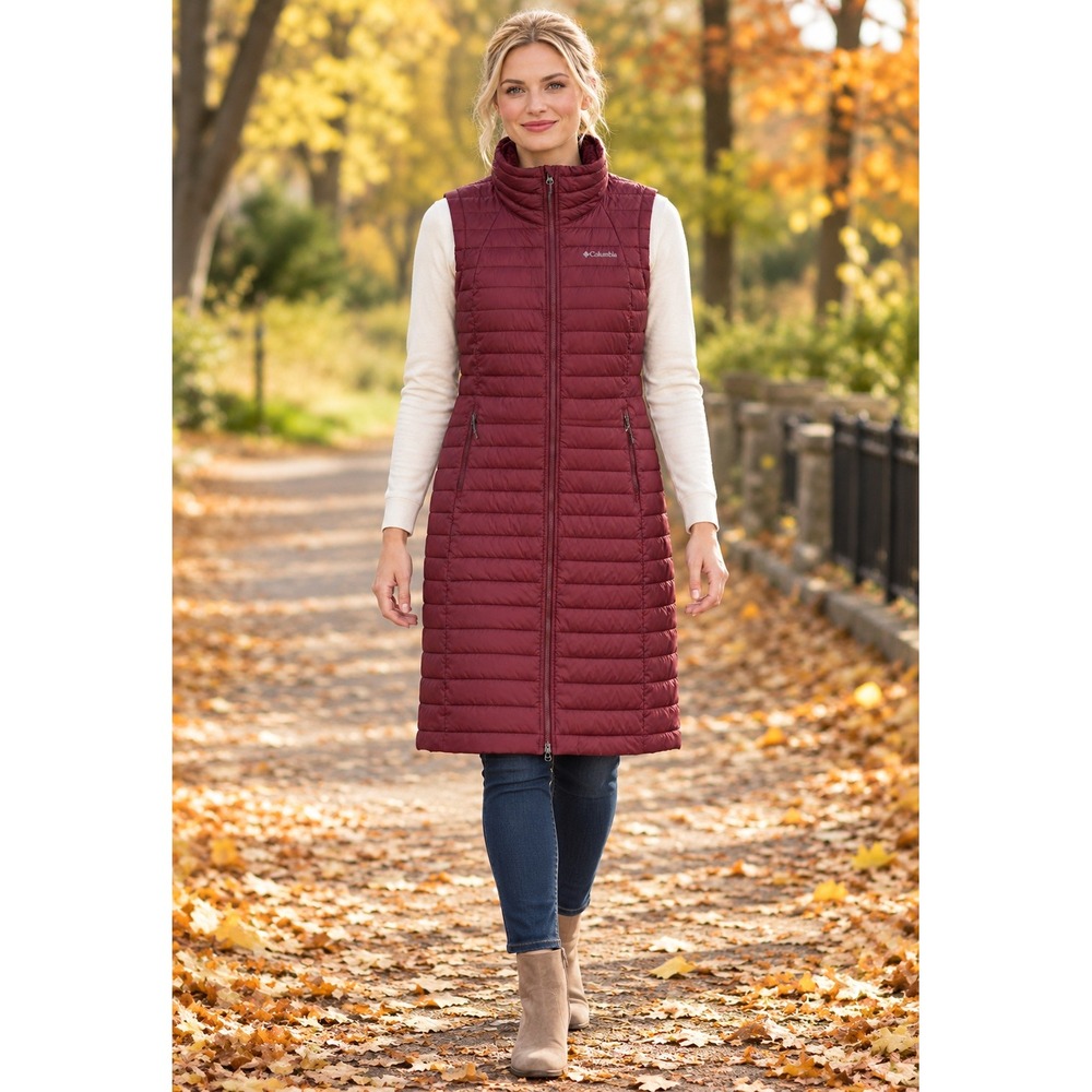 Columbia Womens Omni-Heat Longline Puffer Vest Burgundy Maroon XK0853 Large